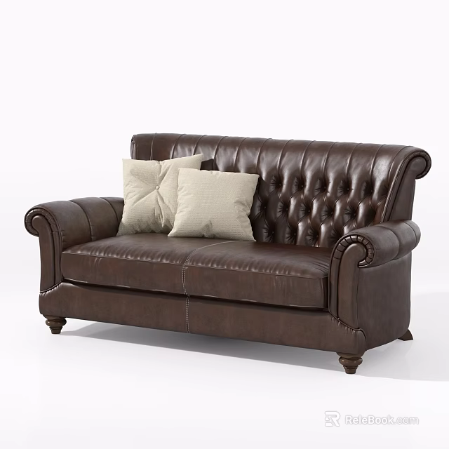 Classic Brown Leather Two-Seater Sofa With Tufted Backrest Rolled Arms And Beige Cushions 3d model 