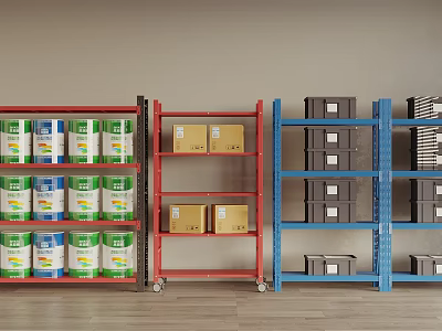 Red And Blue Storage Racks With Mobile Design Holding Cans Cardboard Boxes And Black Containers 3d model