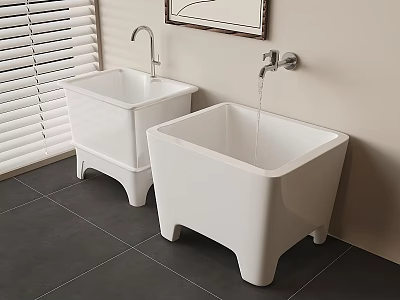 Bathroom Accessories White Square Pedestal Mop Sinks With Flowing Faucet In Modern Bathroom 3d model
