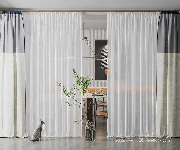 Modern Curtains With Sheer White Gray Beige Panels Living Room Green Plant And Cat Decor 3d model 