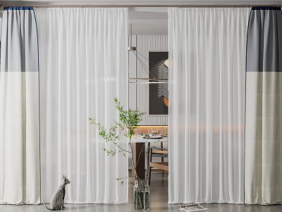Modern Curtains With Sheer White Gray Beige Panels Living Room Green Plant And Cat Decor 3d model