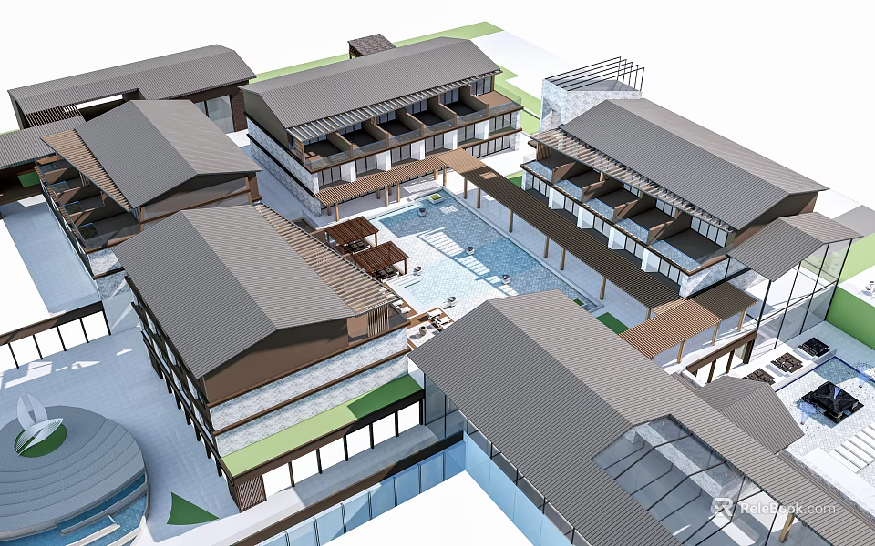 Traditional Style Boutique Hotel With Courtyard Swimming Pool And Connected Buildings 3d model 