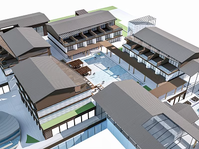 Traditional Style Boutique Hotel With Courtyard Swimming Pool And Connected Buildings 3d model