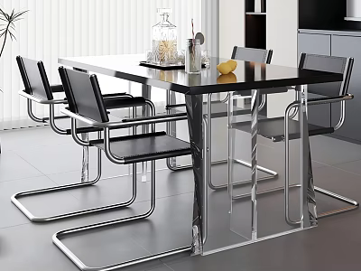 Modern Dining Table Set Featuring Black Tabletop Metal Frame Black Chairs Glass Jar And Lemon 3d model