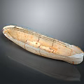 Weathered Wooden Small Boat With Worn Details On Smooth Black Background Reflection
