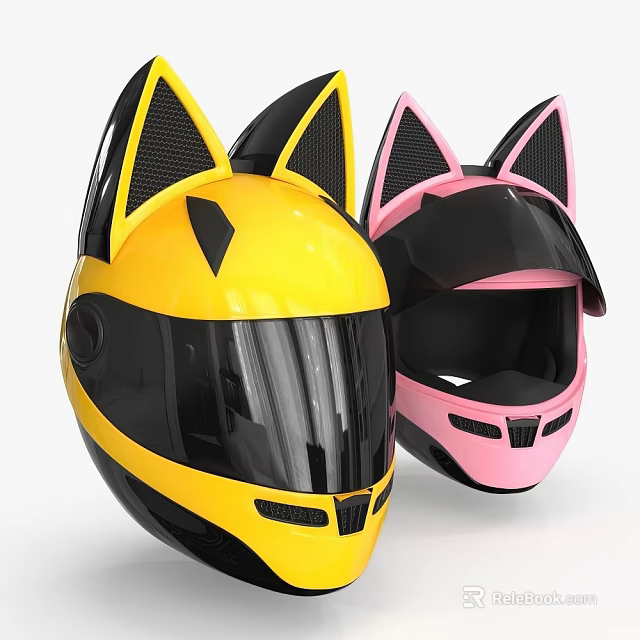 Cat Ear Motorcycle Helmets In Yellow And Pink With Stylish Design 3d model 