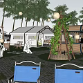 Glamping Campsite With Canvas Tent Tall Trees Blue Chairs And Paved Courtyard Area