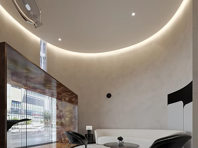 Modern Reception Area Interior Design With Circular Ceiling Lighting And Glass Facade 3d model