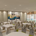 Elegant Modern Banquet Hall With Round Tables White Chair Covers And Decorative Painting