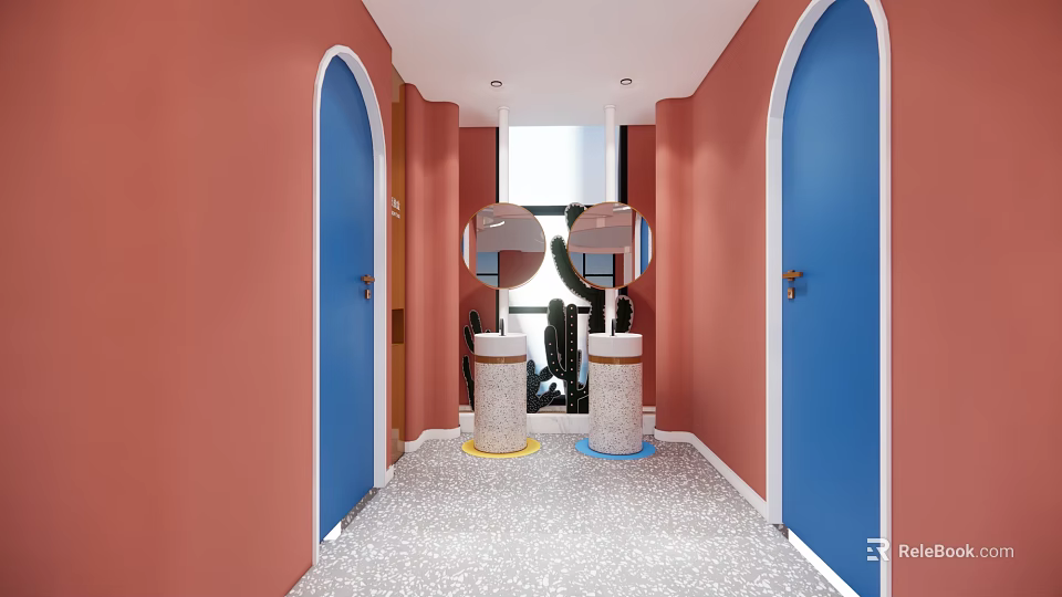 Public Restroom With Pink Walls Blue Arched Doors Two Sinks Round Mirrors And Terrazzo Floor 3d model 