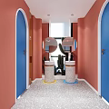 Public Restroom With Pink Walls Blue Arched Doors Two Sinks Round Mirrors And Terrazzo Floor