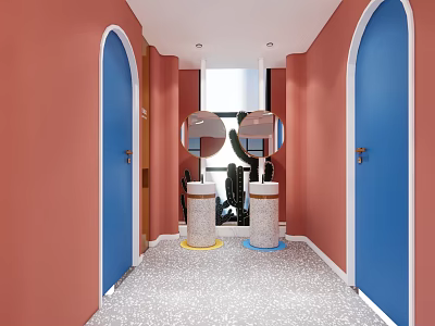 Public Restroom With Pink Walls Blue Arched Doors Two Sinks Round Mirrors And Terrazzo Floor 3d model