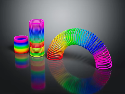 Colorful Spring Designed Modern Furniture With Curved And Cylindrical Structures On Reflective Surface 3d model
