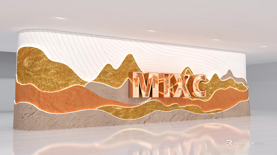 Modern Art Installation With Gold And Orange Mountain Patterns And 3D Lettering MIXC On Wall 3d model 