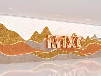 Modern Art Installation With Gold And Orange Mountain Patterns And 3D Lettering MIXC On Wall 3d model