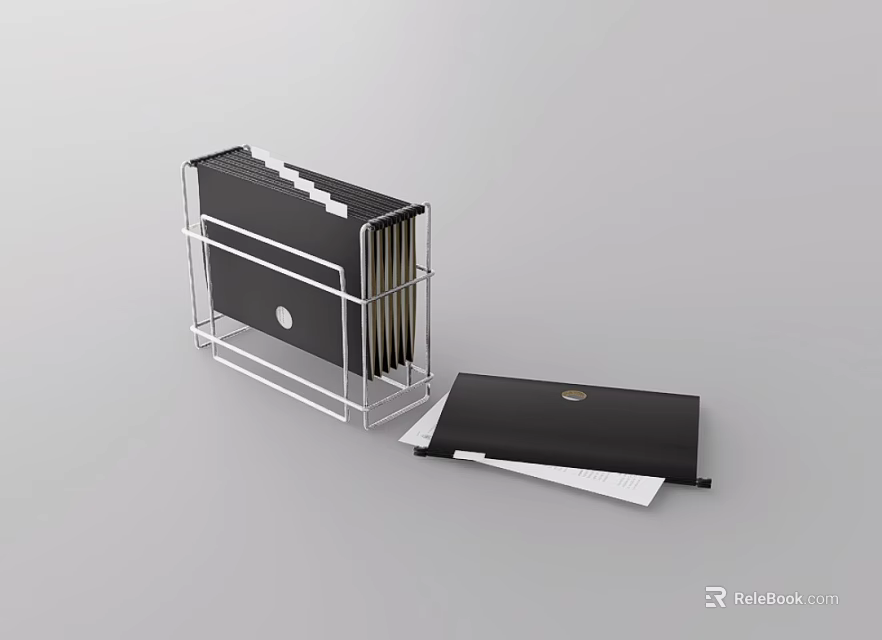 Black File Folders In Metal Rack With Open Folder And White Papers 3d model 