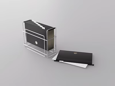 Black File Folders In Metal Rack With Open Folder And White Papers 3d model
