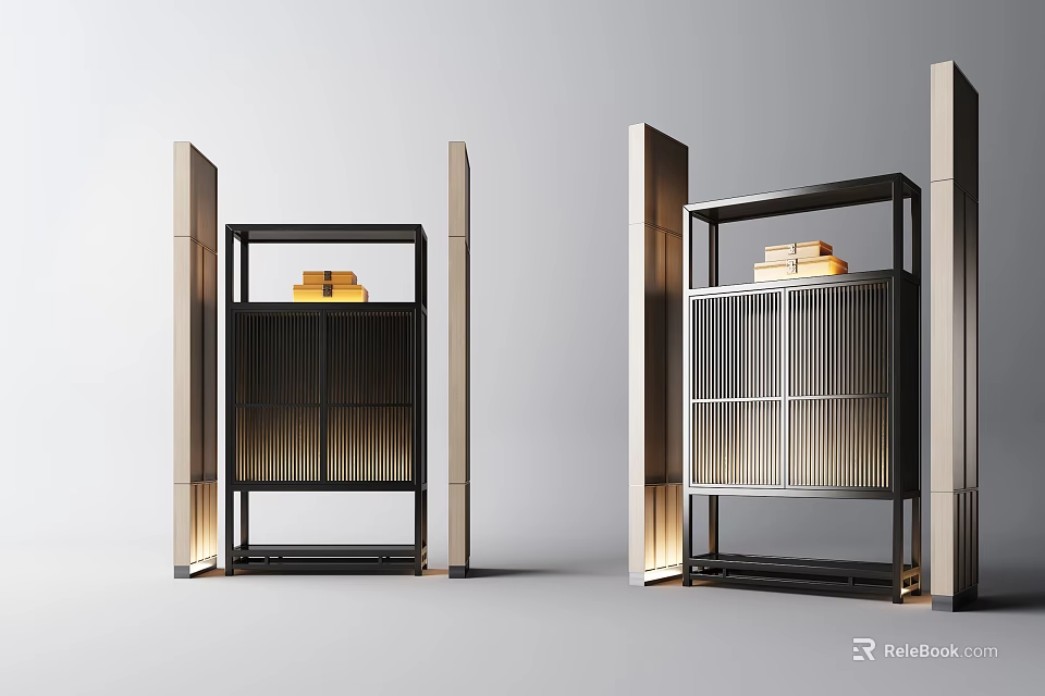 Modern Luxury Decorative Cabinet With Metal Frame Grid Design And Illuminated Sides 3d model 
