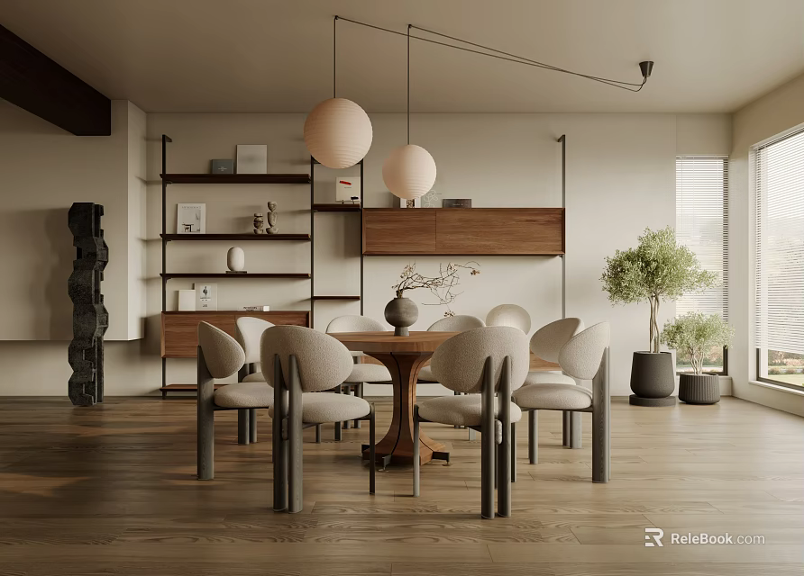 Modern Open Dining Room With Wooden Table Gray Chairs Pendant Lights And Green Plants 3d model 