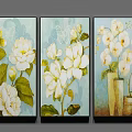 Botanical Triptych Paintings With White Flowers Green Leaves And Vases On Light Blue Background
