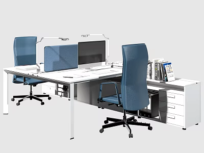 Modern Office Desk Setup With Blue Chairs Privacy Screen Computer Monitor And Drawers 3d model