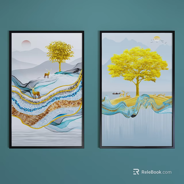 Decorative Paintings With Golden Tree Mountains Deer Boat And Birds In Blue Gold Wavy Design 3d model 