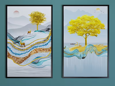 Decorative Paintings With Golden Tree Mountains Deer Boat And Birds In Blue Gold Wavy Design 3d model