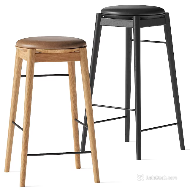 Modern Bar Stools With Wooden And Black Metal Frames And Brown Cushion 3d model 