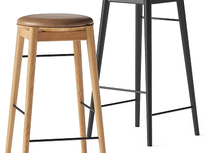 Modern Bar Stools With Wooden And Black Metal Frames And Brown Cushion 3d model