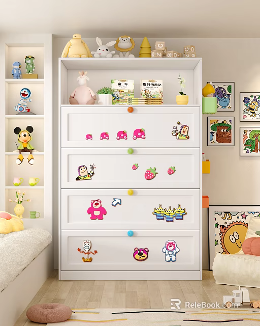 White Chest of Drawers with Colorful Cartoon Stickers and Knobs in Kids Room 3d model 