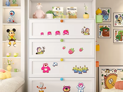 White Chest of Drawers with Colorful Cartoon Stickers and Knobs in Kids Room 3d model