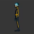 Sci Fi Alien Character With Blue Head Large Goggles Black Bodysuit Yellow Belt And Stripes