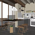 Open Modern Kitchen Interior With Wooden Ceiling Beams Dining Table Stools White Cabinets And Natural View