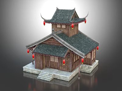 Traditional Chinese Ancient Architecture With Classic Overhanging Eaves Wooden Structure And Red Lanterns 3d model