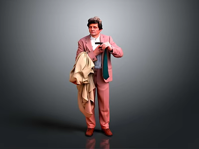 Man In Pink Suit Holding Beige Coat And Green Tie Against Gray Background 3d model