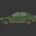 Old Green Sedan Car Featuring Worn Exterior And Dusty Body