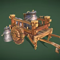Rustic Wooden Cart Displaying Metal Jugs and Shovel on Green Backdrop