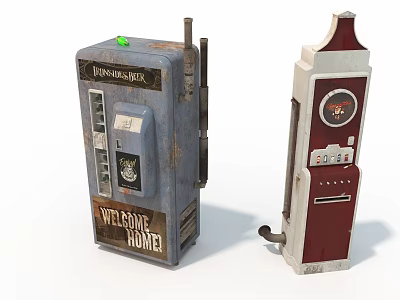 Vintage Industrial Equipment Including Retro Blue Vending Machine And Red White Fuel Pump 3d model