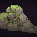 Cartoon Style Prehistoric Scene With Moss Covered Rocks And Skull In Rocky Formation