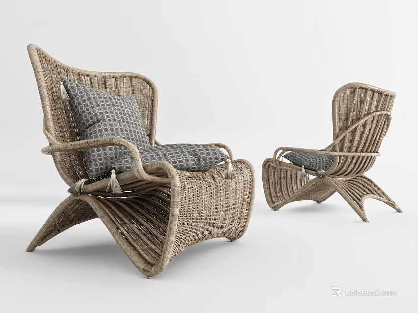 Two Rattan Leisure Chairs With Cushion And Curved Design For Indoor Outdoor Space 3d model 