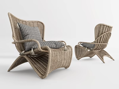 Two Rattan Leisure Chairs With Cushion And Curved Design For Indoor Outdoor Space 3d model