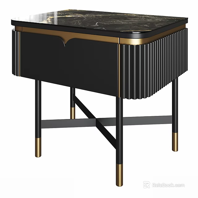 Modern Black Nightstand With Gold Accents Vertical Stripes And Metal Legs 3d model 