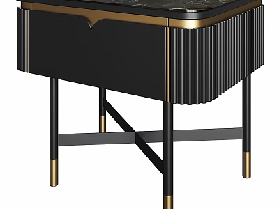 Modern Black Nightstand With Gold Accents Vertical Stripes And Metal Legs 3d model