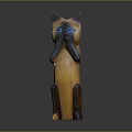 Wooden Cat Sculpture With Blue Eyes Covering Mouth With Paws In Brown Black