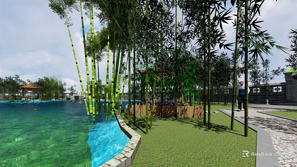 Tranquil Park Landscape With Bamboo Grove Blue Pool And Green Lawn 3d model 