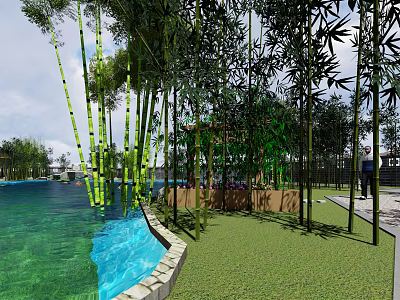 Tranquil Park Landscape With Bamboo Grove Blue Pool And Green Lawn 3d model
