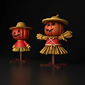 Halloween Pumpkin Scarecrow Decorative Ornament Set With Straw Hat And Red Clothes