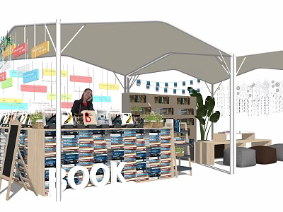 Commercial Bookstore Equipment With Canopy Tent Shelves Counter Display Racks And Signage 3d model
