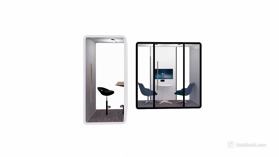 Modern Lounge Pods With High Stool Small Table Blue Chairs And TV Screen 3d model 
