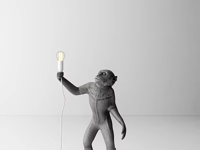 Gray Standing Monkey Shaped Floor Lamp Design Holding Light Bulb in White Background 3d model